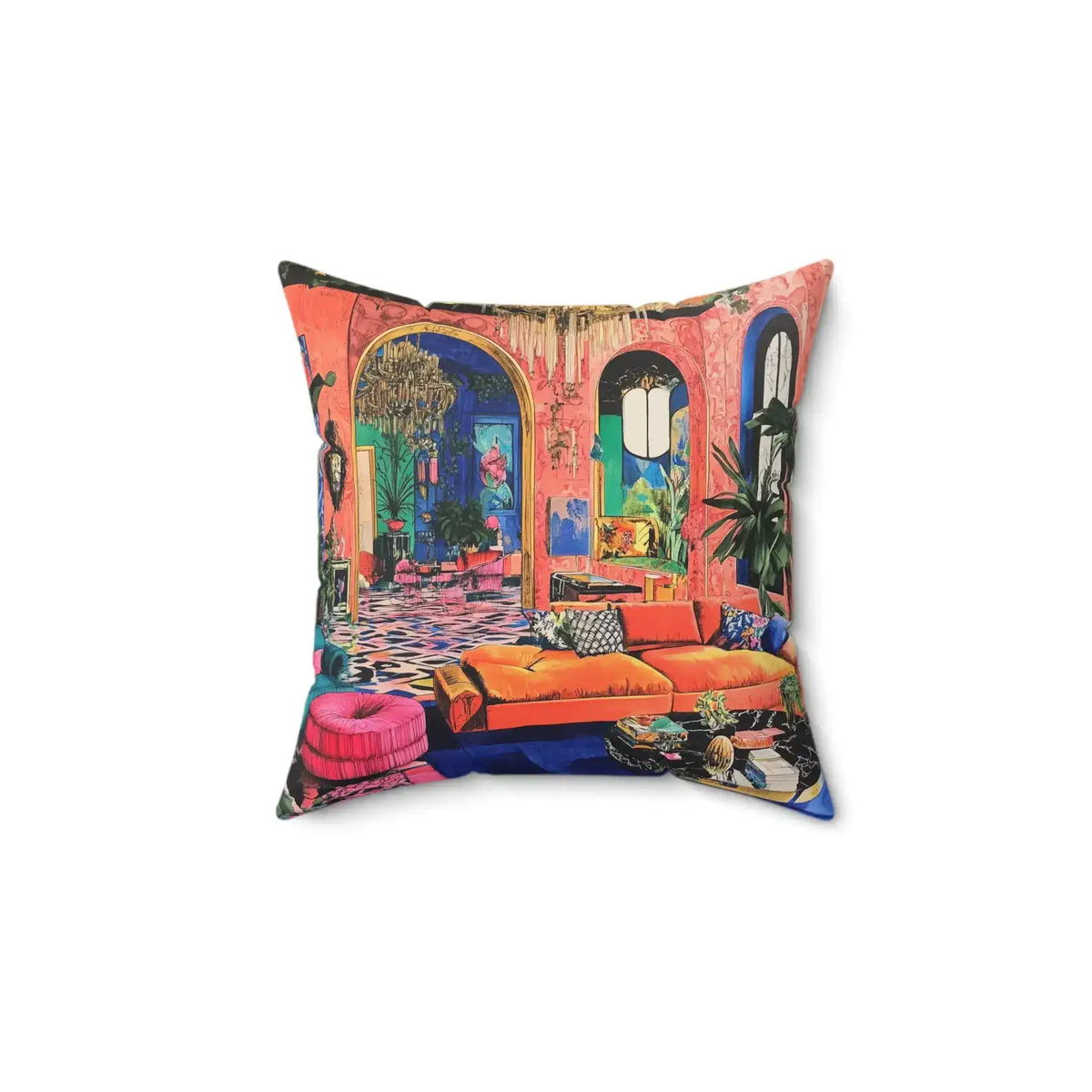 MaxiMood Mansion Throw Pillow front view, square cushion with maximalist mansion interior, coral pink walls, gold chandelier, orange velvet sofa