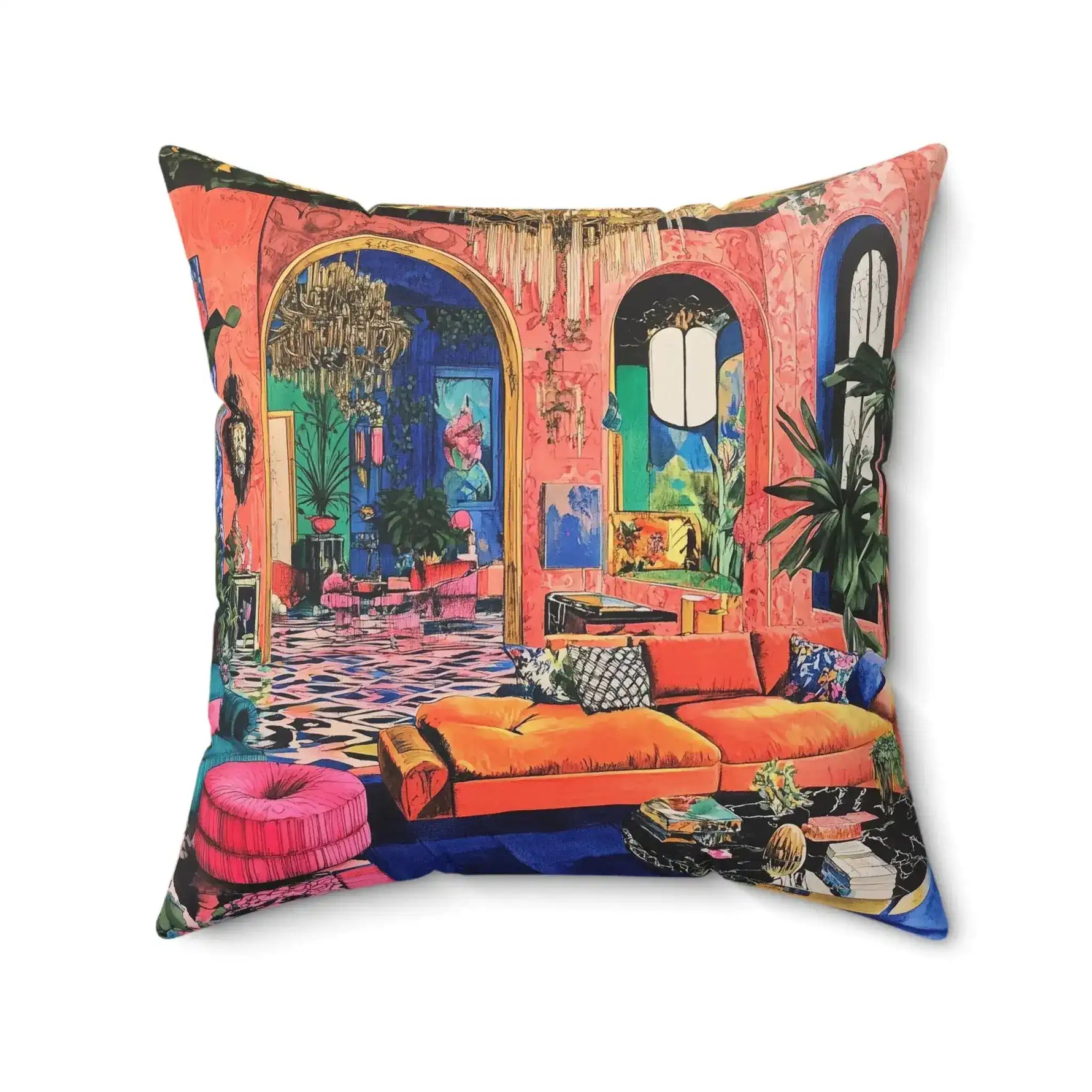 MaxiMood Mansion Throw Pillow angled view showing full square cushion with colorful maximalist mansion room scene print