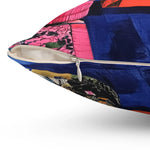 MaxiMood Mansion Throw Pillow close-up zipper detail showing white zipper at corner with vivid pink blue and orange mansion print