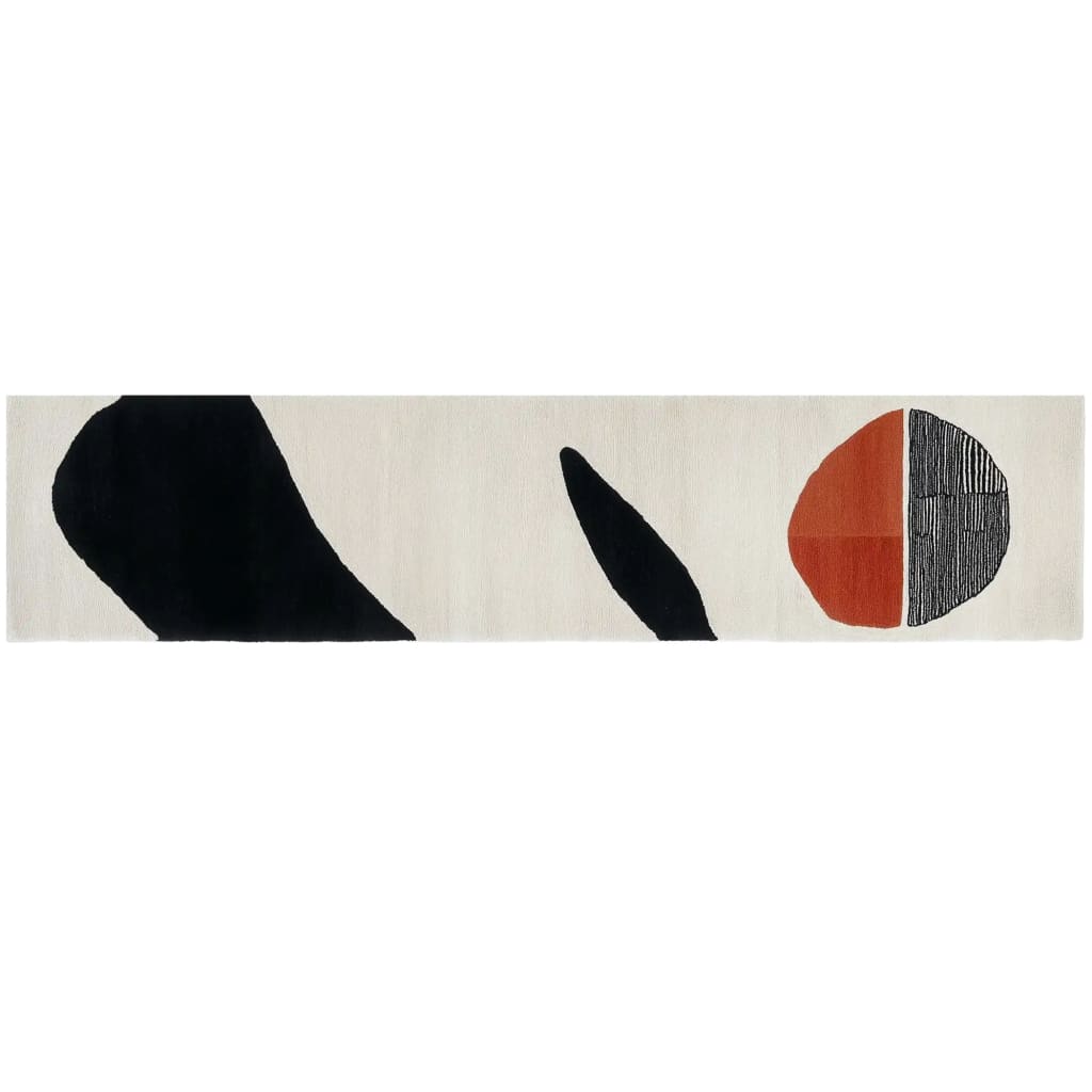 Maze Whisper Hand Tufted Wool Runner Rug featuring a modern abstract design with bold black shapes and a red and black circle. Perfect for contemporary spaces, this hallway runner rug adds a stylish touch to kitchens and bathrooms. Made from high-quality wool, it's an ideal choice for kitchen runner rugs or bathroom runner rugs.