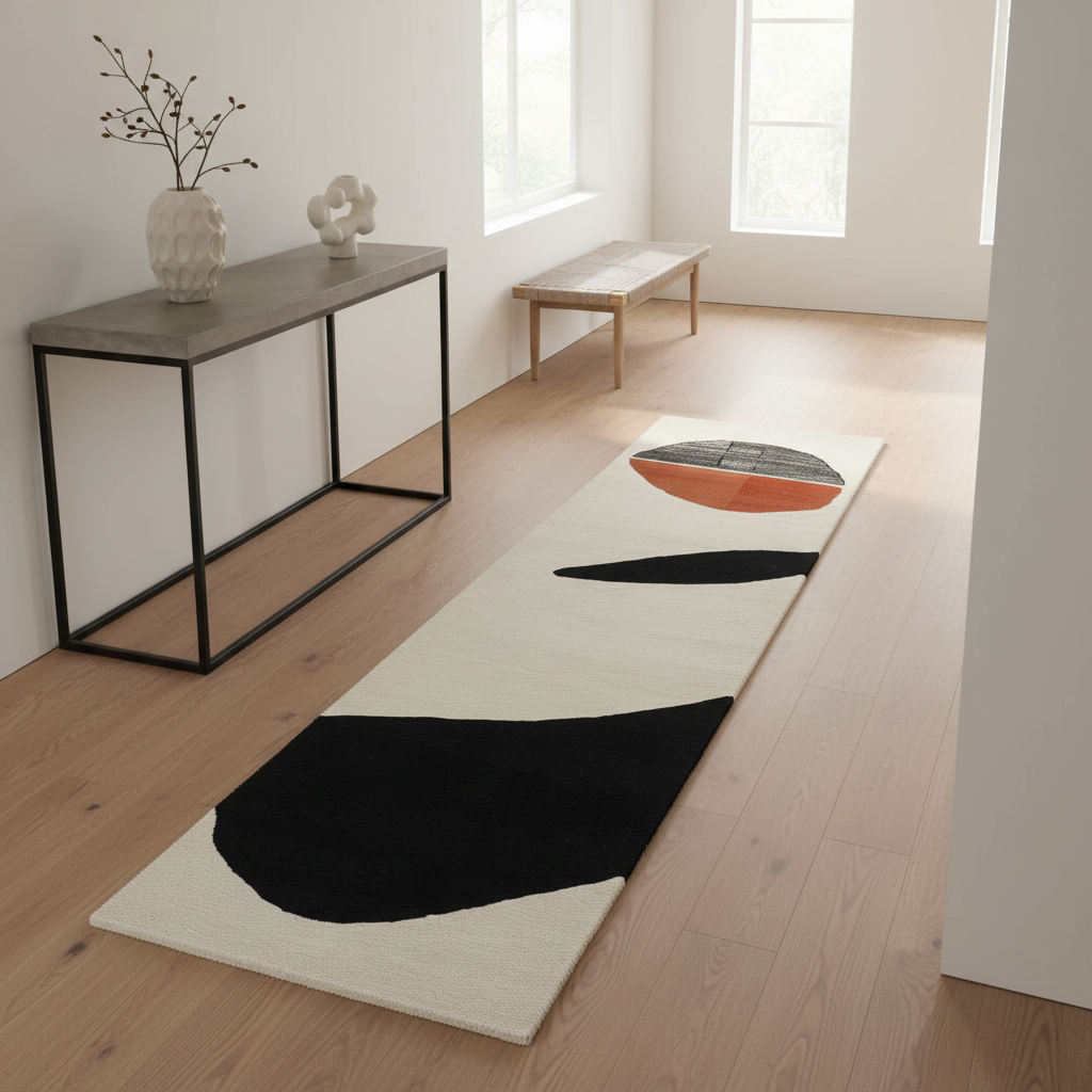 Long, abstract-patterned rug on a wooden floor with minimal decor.