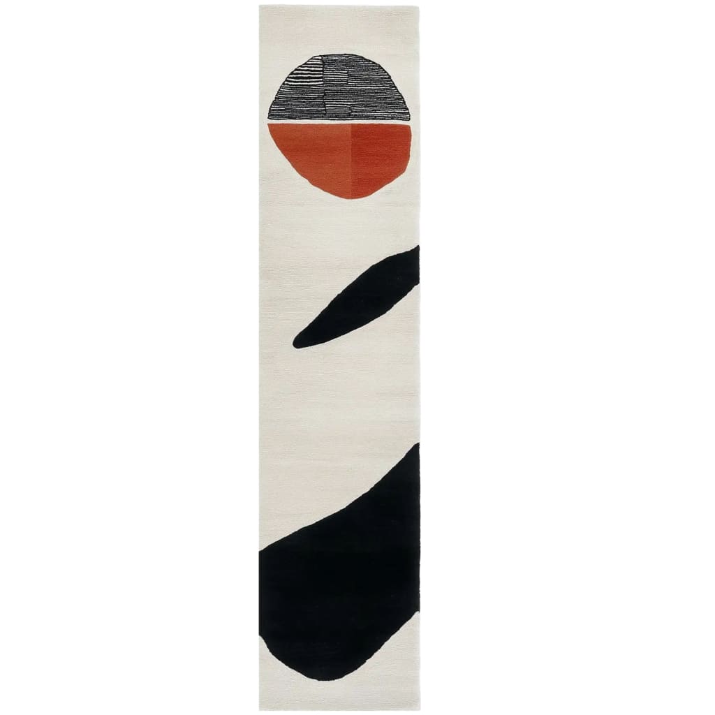 A stylish Maze Whisper Hand Tufted Wool Runner Rug with a contemporary design, featuring bold abstract shapes in black and orange against a neutral backdrop. Ideal for kitchen rugs, hallway runner rug setups, or as a chic addition to bathroom runner rug spaces.