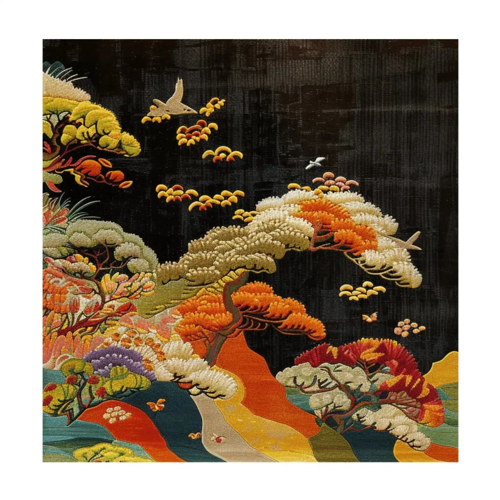 Vibrant Meadow Crest Hand Tufted Area Rug featuring a stunning floral design with colorful trees and birds. This square rug is perfect for adding a touch of nature to your bedroom or living room. Made from high-quality wool, it serves as an exquisite bedroom area rug or living room centerpiece.