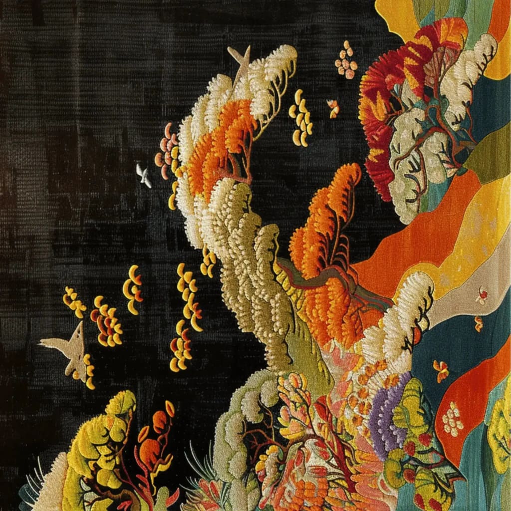 This vibrant Meadow Crest Hand Tufted Rug features an intricate floral design with bold autumn hues of orange, yellow, and red against a dark background. Ideal as a square area rug for bedroom or living room, this wool rug adds a touch of elegance and warmth to any space.