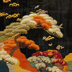 Vibrant Meadow Crest Hand Tufted Rug showcasing a stunning floral design in warm orange, red, and beige tones on a dark background. This square area rug, made from quality wool, is perfect for adding a touch of elegance to your bedroom or living room decor.