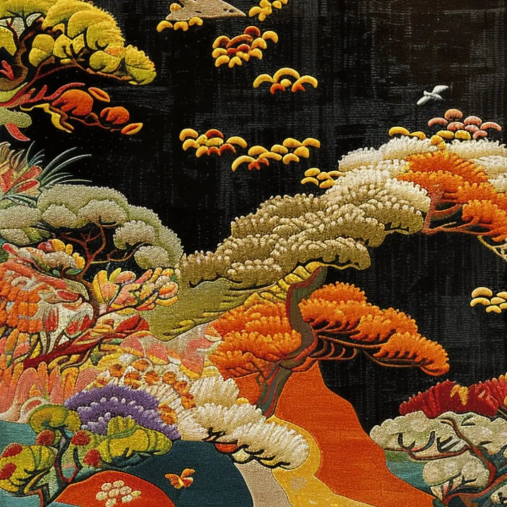 Vibrant Meadow Crest hand-tufted square area rug featuring a rich floral design with vivid colors like orange, yellow, and green on a dark background. Perfect for adding a touch of elegance to any bedroom or living room, this wool rug combines intricate details with a cozy feel, ideal for those seeking unique bedroom area rugs.