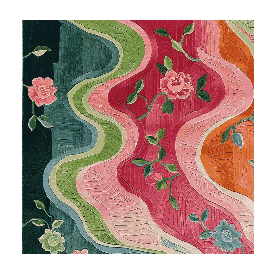 Vibrant floral rug featuring swirling patterns of green, pink, red, and orange hues. This hand-tufted wool area rug is perfect for adding a splash of color to large living rooms, especially in an 8x10 size.