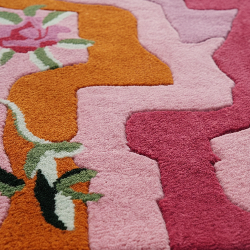 Close-up of a colorful textured rug with pink and orange patterns.