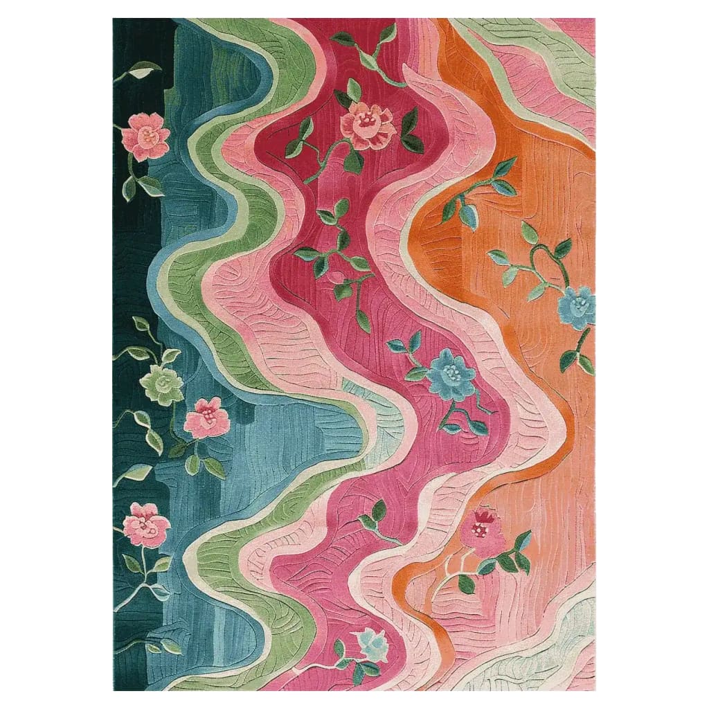 A vibrant Meadow in Motion hand tufted area rug featuring a stunning floral design with wavy patterns in pink, orange, blue, and green tones. This wool rug adds a lively touch to large living spaces, perfect as an 8x10 living room rug.