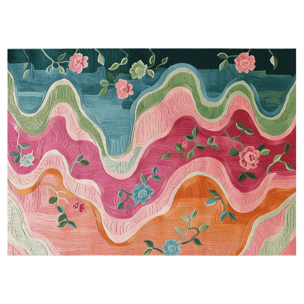 Vibrant area rug featuring an abstract floral design with flowing waves of blue, green, pink, and orange hues. The wool rug showcases blooming flowers and intricate patterns, perfect for large living room spaces. Ideal as an 8x10 living room rug, adding a touch of nature-inspired elegance.