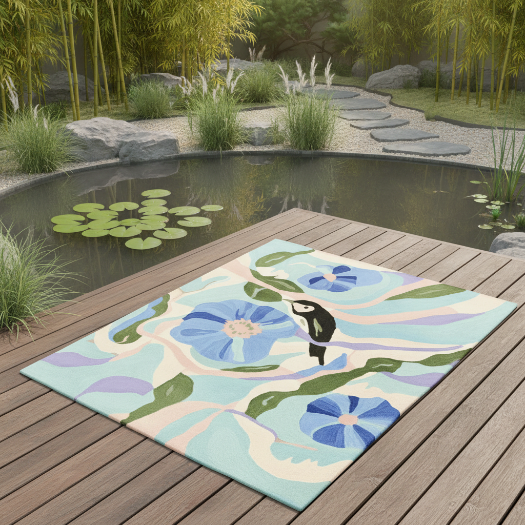Decorative rug with floral design and penguin on a wooden deck by a pond