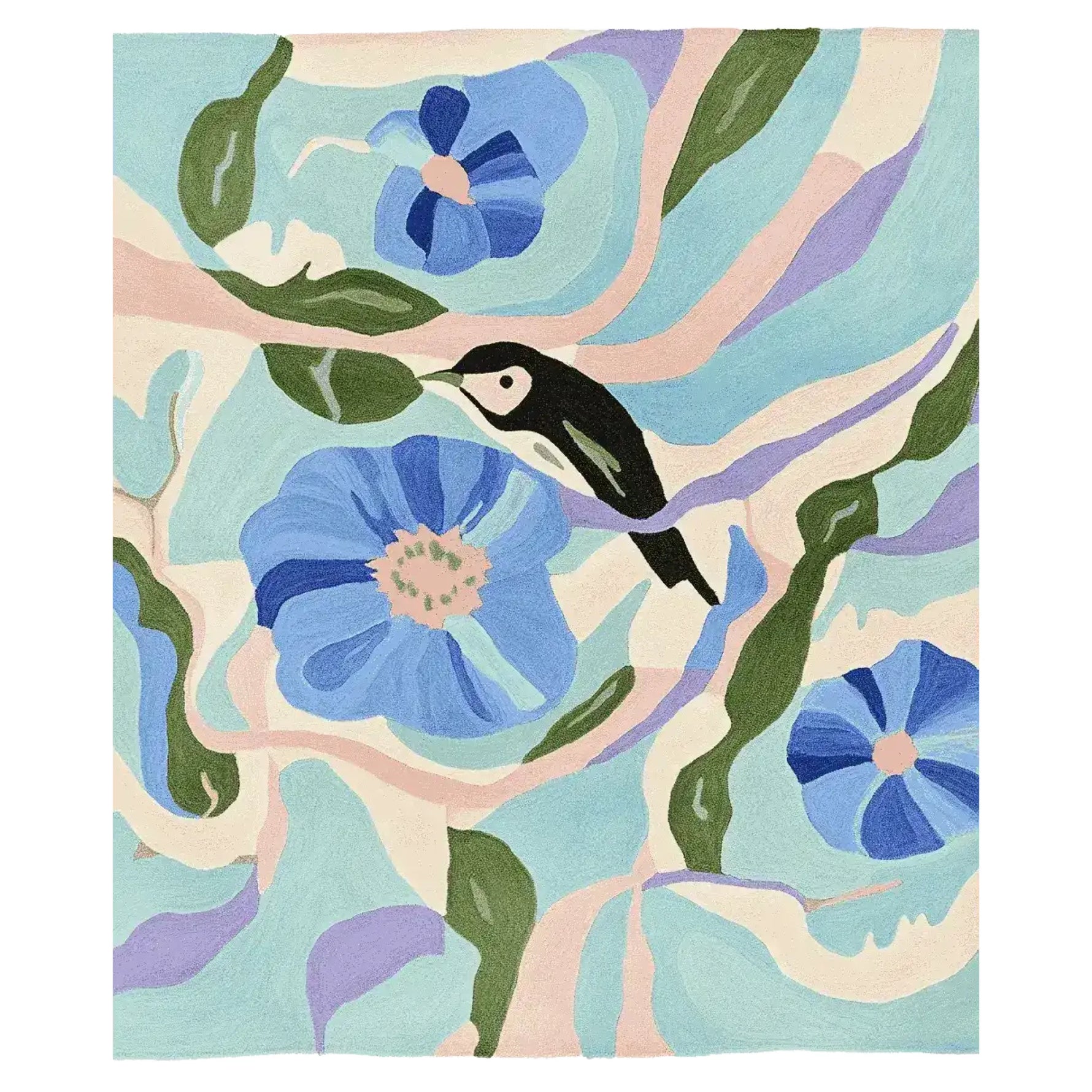 Decorative rug with floral design and penguin on a wooden deck by a pond