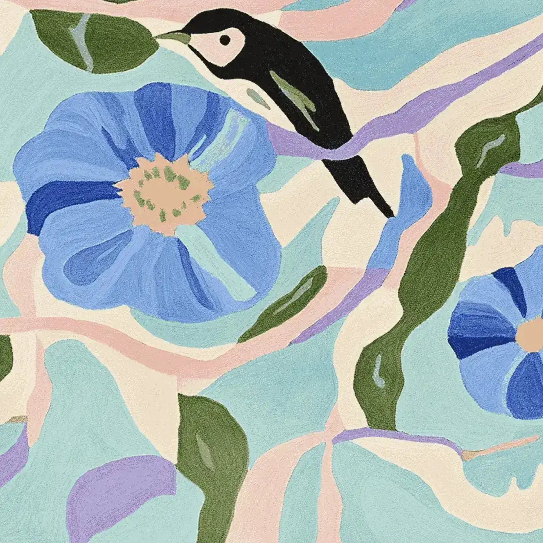A vibrant hand tufted area rug featuring a contemporary design with large blue flowers, green leaves, and a bird. This wool rug is perfect for adding a splash of color to any living room.