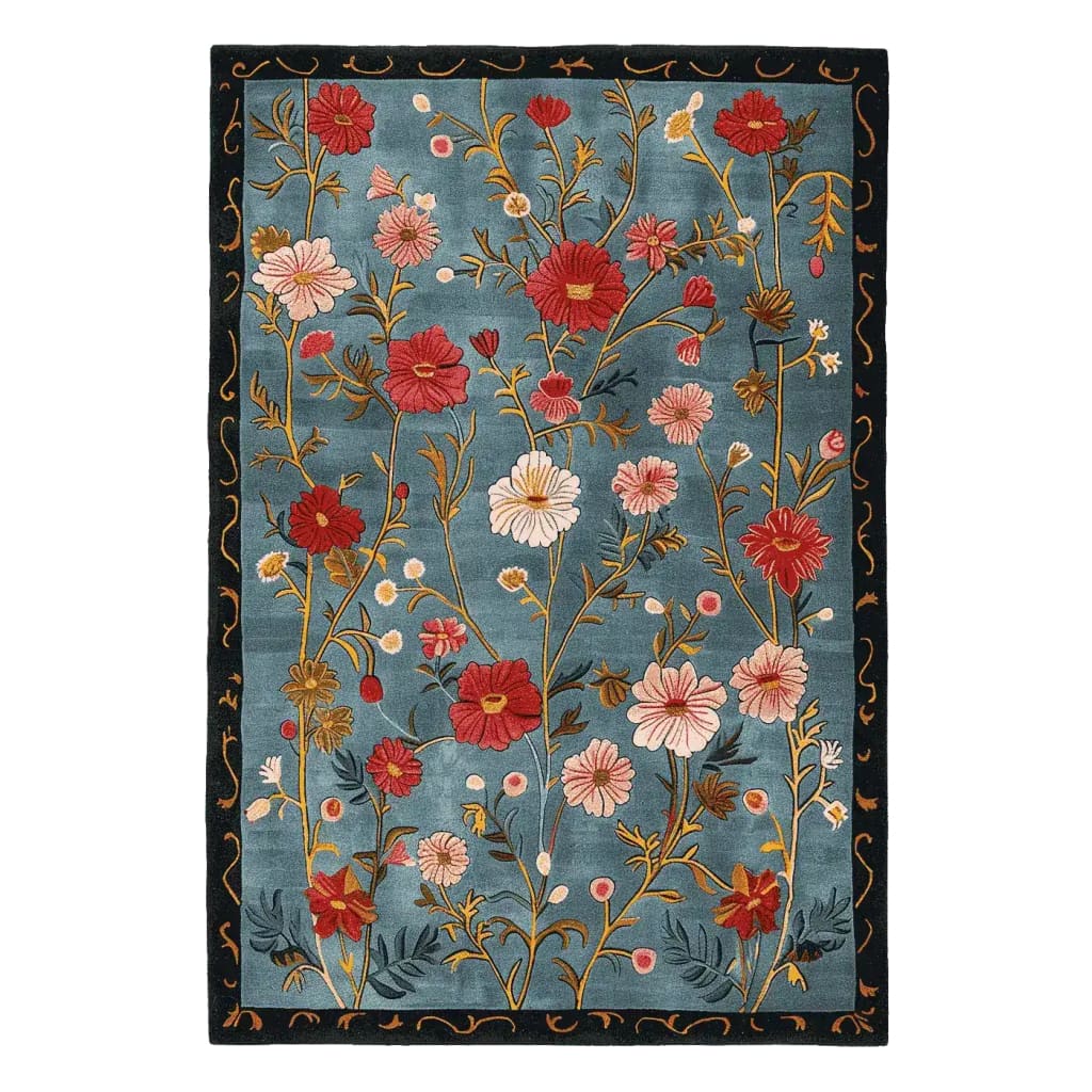 The Meadow Muse Hand Tufted Area Rug features a vibrant floral design on a soft blue background. This wool rug is perfect for adding a touch of vintage elegance to any living room, with its intricate detailing and warm, inviting colors. Ideal for those seeking high-quality area rugs for living room spaces, this rug combines style and comfort effortlessly.