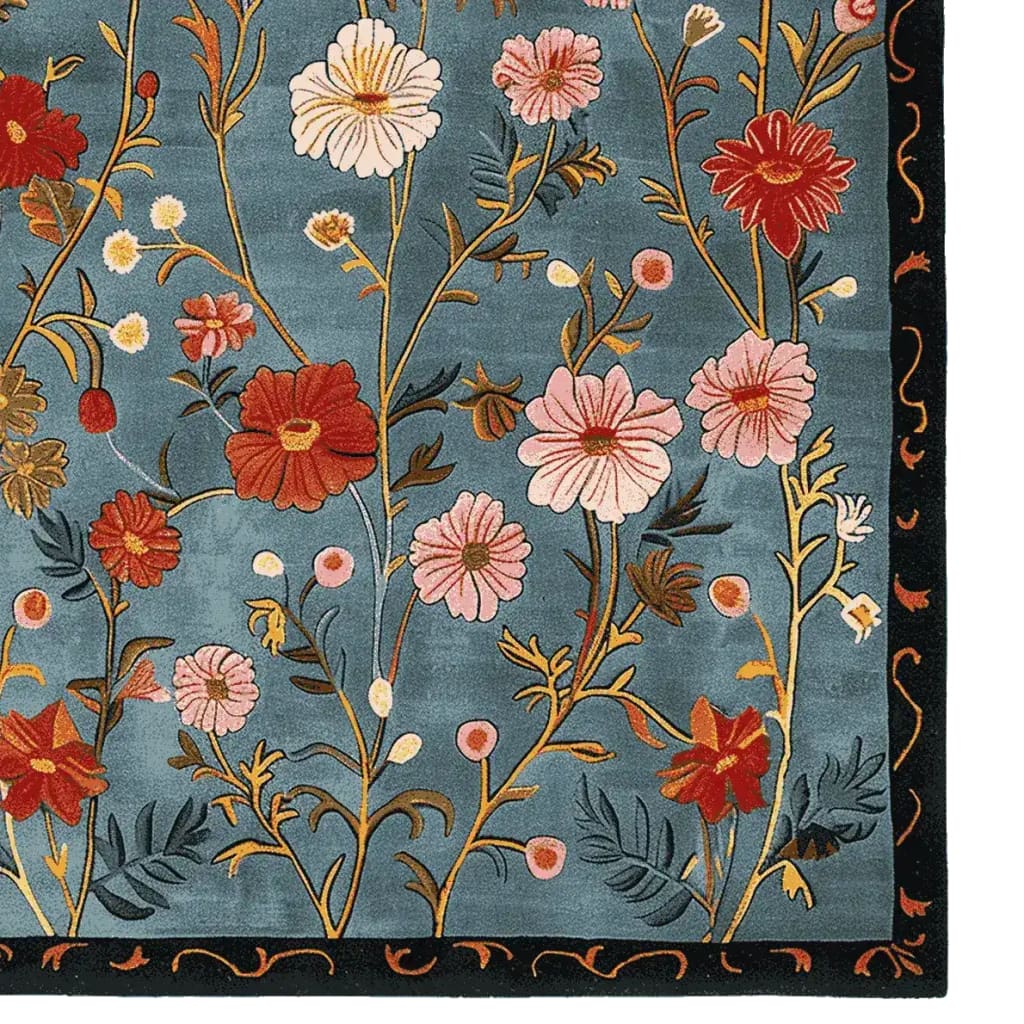 The Meadow Muse Hand Tufted Rug showcases a beautiful floral pattern in vibrant reds, pinks, and yellows on a soft blue background. This elegant area rug, made from wool, is perfect for adding a vintage touch to living rooms. Ideal as an area rug for living room spaces, it combines style and comfort seamlessly.