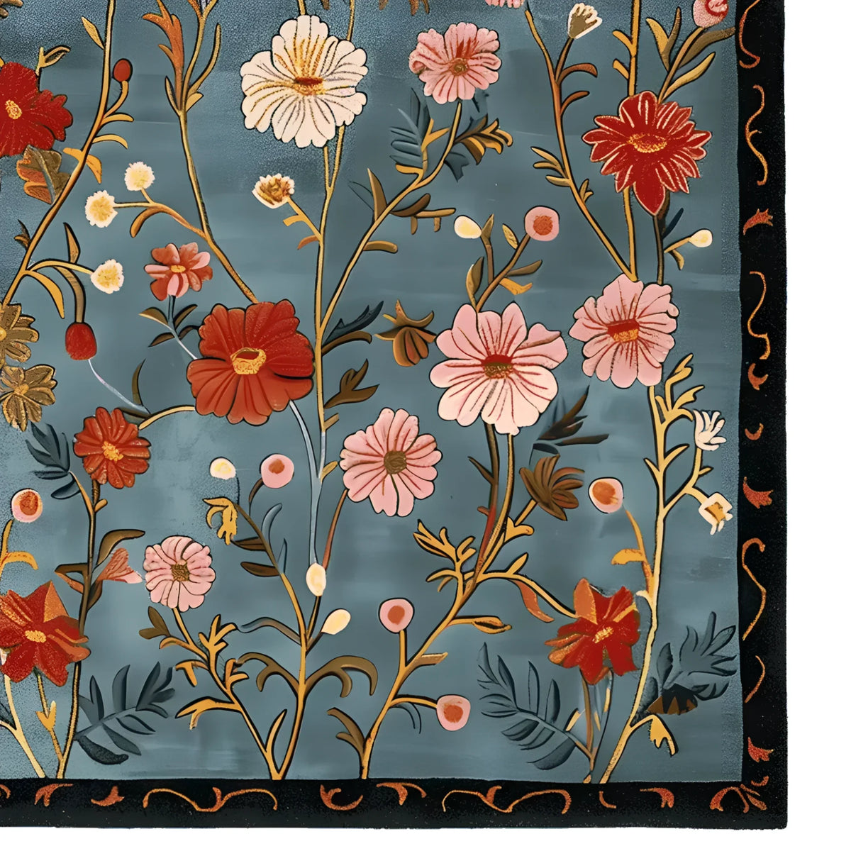 The Meadow Muse Hand Tufted Rug showcases a beautiful floral pattern in vibrant reds, pinks, and yellows on a soft blue background. This elegant area rug, made from wool, is perfect for adding a vintage touch to living rooms. Ideal as an area rug for living room spaces, it combines style and comfort seamlessly.