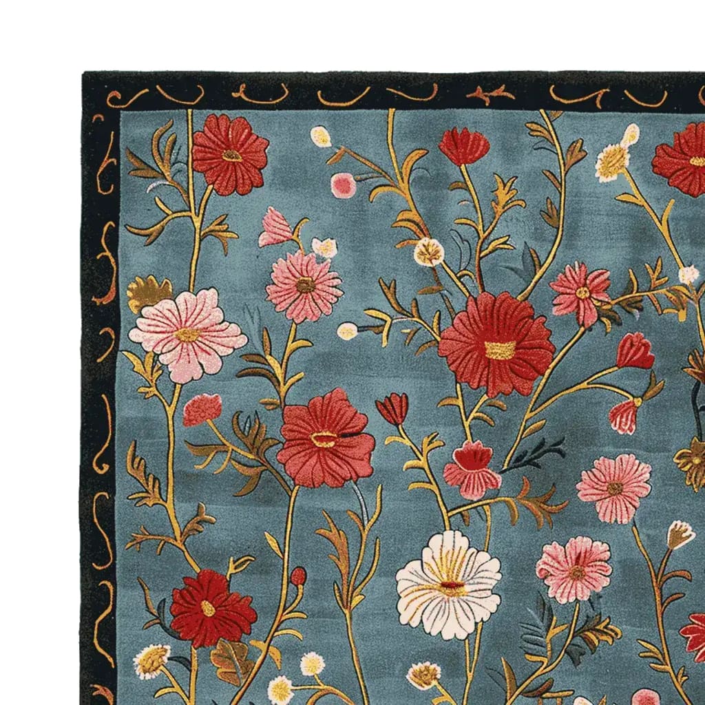 The Meadow Muse Hand Tufted Rug showcases a vibrant floral pattern on a rich blue background, capturing the essence of a vintage rug. This area rug, crafted from quality wool, is ideal for adding a touch of elegance to your living room. The intricate design and vivid colors make it a standout piece among rugs for living rooms.