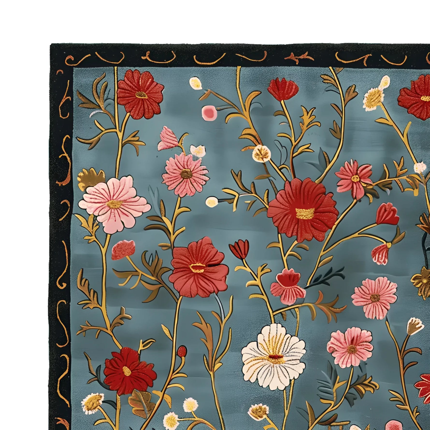 The Meadow Muse Hand Tufted Rug showcases a vibrant floral pattern on a rich blue background, capturing the essence of a vintage rug. This area rug, crafted from quality wool, is ideal for adding a touch of elegance to your living room. The intricate design and vivid colors make it a standout piece among rugs for living rooms.