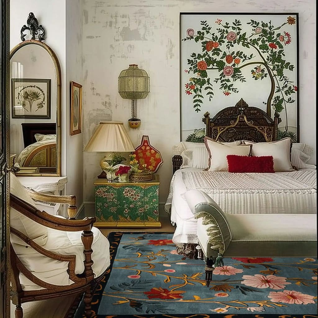 A luxurious Meadow Muse Hand Tufted Area Rug elegantly placed in a vintage-style living room. This wool rug features a vibrant floral pattern, offering a touch of classic charm and sophistication. Perfect for enhancing the aesthetic of any living room, this vintage rug adds warmth and style to your space.