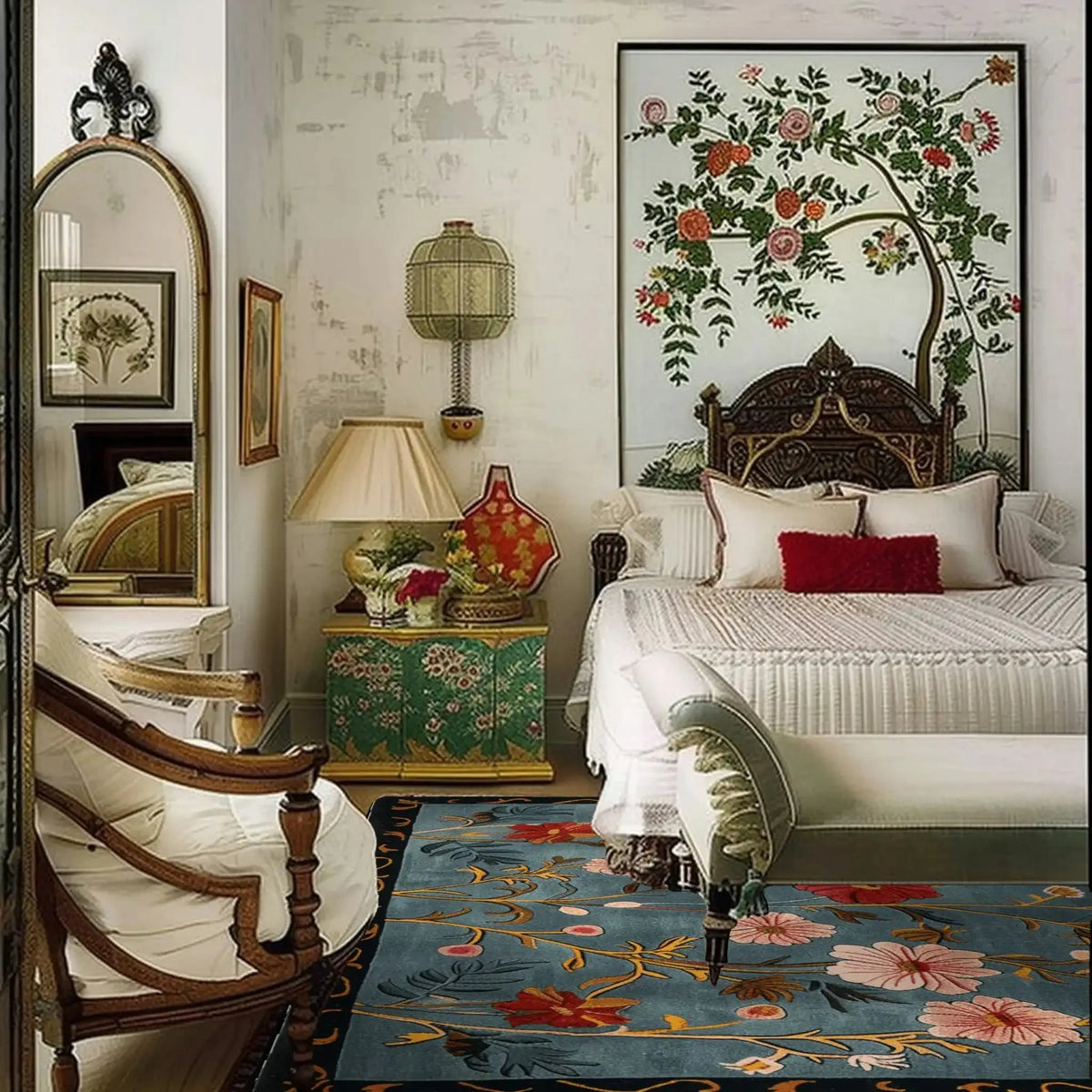 A luxurious Meadow Muse Hand Tufted Area Rug elegantly placed in a vintage-style living room. This wool rug features a vibrant floral pattern, offering a touch of classic charm and sophistication. Perfect for enhancing the aesthetic of any living room, this vintage rug adds warmth and style to your space.