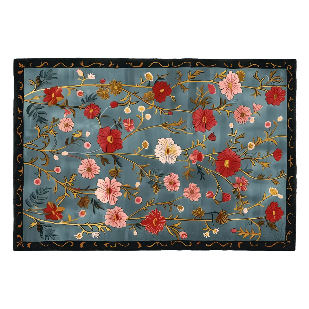 The Meadow Muse Hand Tufted Rug is a stunning area rug featuring a vibrant floral pattern with red and pink blooms on a rich blue background. This wool rug is perfect for adding a vintage touch to living rooms, making it an ideal choice for those seeking beautiful area rugs for living room decor.