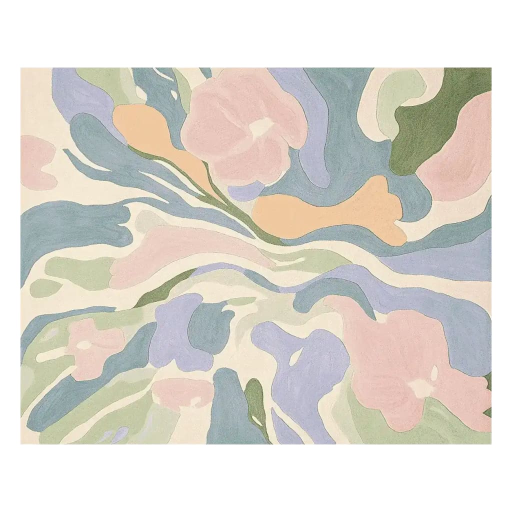The Meadow Veil Bloom Hand Tufted Rug showcases a contemporary abstract design with soft pastel hues of blue, pink, green, and cream. This wool rug, perfect for adding a modern touch to your space, is ideal for living room areas, especially in an 8x10 size. The delicate floral patterns create a soothing ambiance, making it a standout area rug for living rooms.