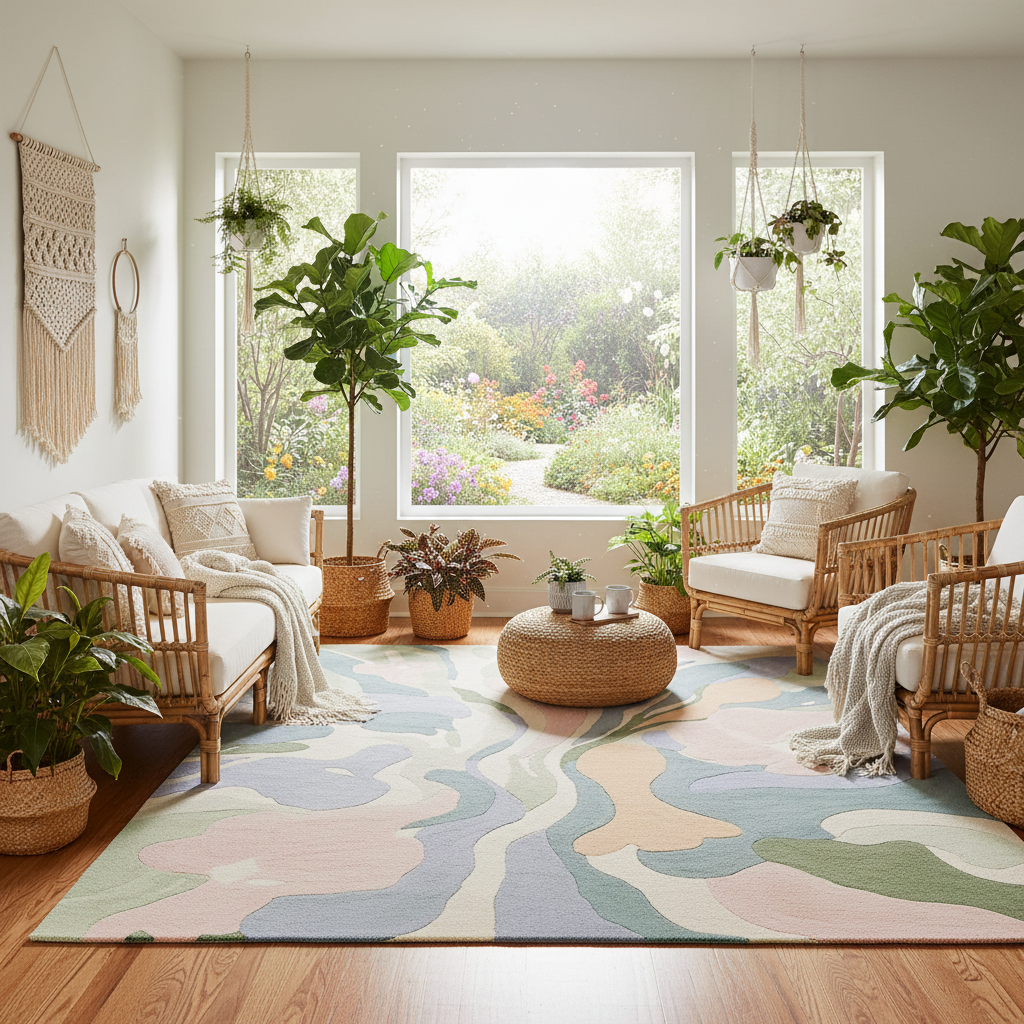 Living room with wicker furniture, plants, and a colorful rug.