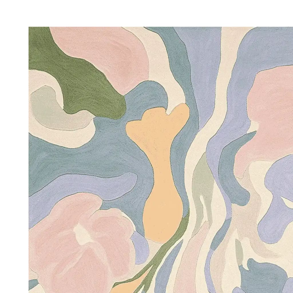 Colorful abstract design on the Meadow Veil Bloom Hand Tufted Area Rug, featuring soft pastel shades of pink, green, and blue, ideal for a contemporary living room. This 8x10 wool rug offers a stylish and cozy addition to your home decor, perfect for those seeking area rugs for living room.