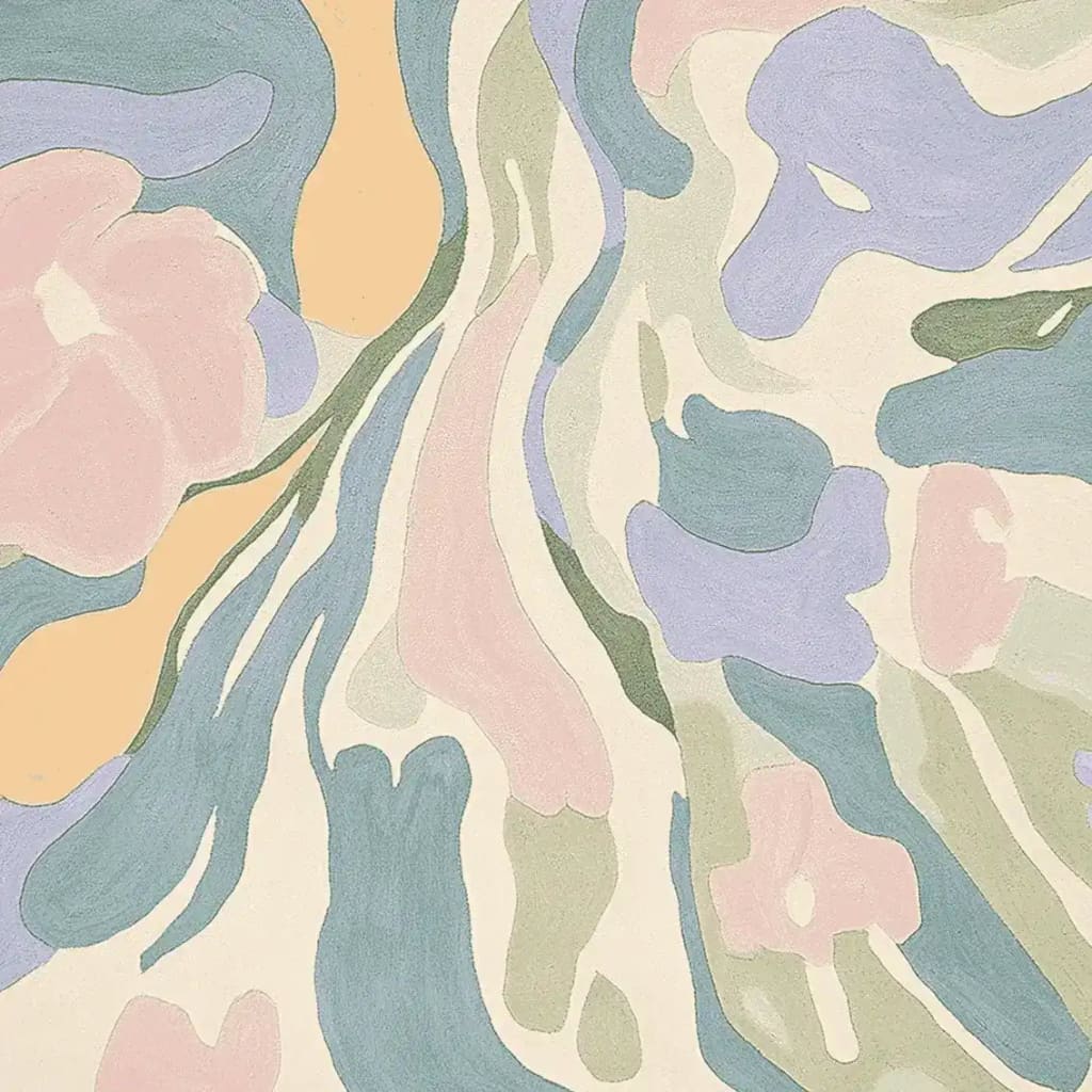 A close-up view of the Meadow Veil Bloom Hand Tufted Rug, showcasing its abstract pattern in soft pastel colors. This contemporary area rug, crafted from wool, is perfect for adding a touch of elegance to living rooms. Ideal for those seeking a stylish 8x10 wool rug for their living space.