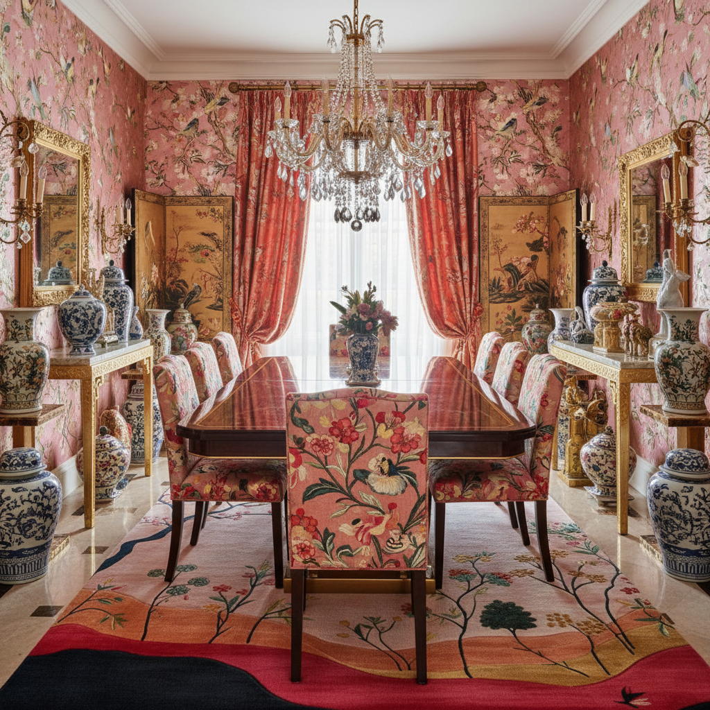 Opulent dining room with floral chairs, chandelier, and decorative elements.