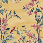 A beautifully designed area rug showcasing a hand-tufted pattern with vibrant birds and floral accents on a warm yellow background. This wool rug is perfect for adding an elegant touch to any living room, especially in an 8x10 size. Ideal for those looking to enhance their space with stylish area rugs for living room.