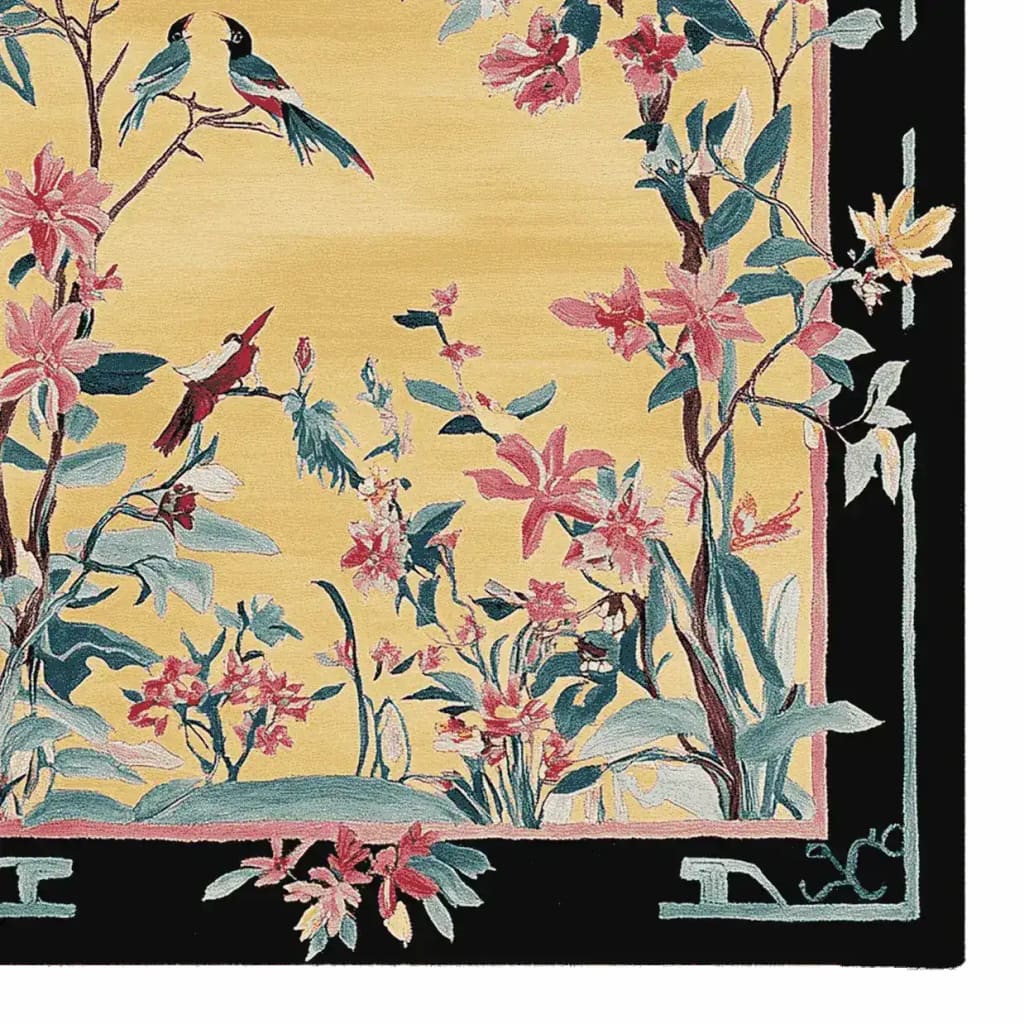 Vibrant area rug featuring a hand-tufted wool design with colorful birds and floral patterns, perfect for enhancing living room decor. Ideal for those seeking an 8x10 wool rug for a stylish and cozy living space.