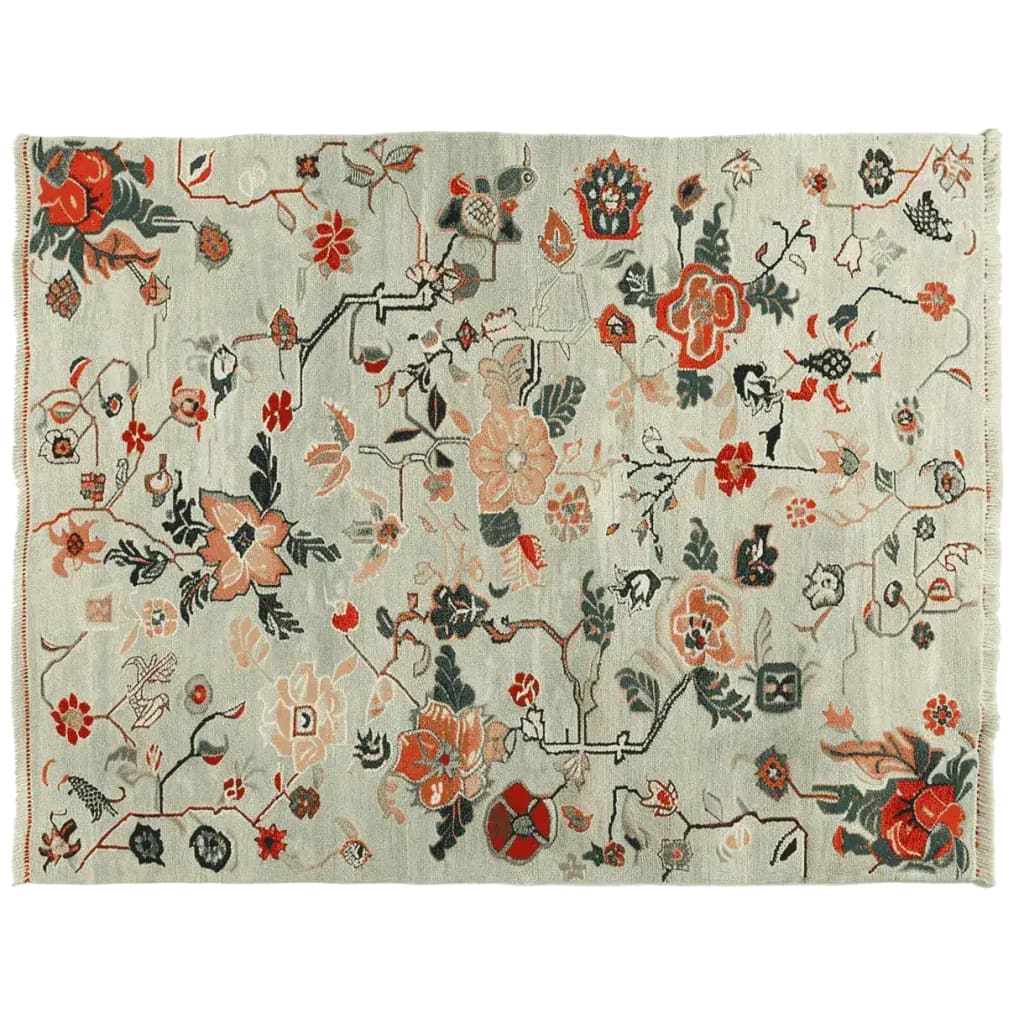 This beautiful hand-knotted area rug features meandering floral vines in vibrant shades of red, orange, and green, set against a soft, neutral background. Perfect for adding a touch of elegance to your living room, this 8x10 wool rug combines timeless floral patterns with contemporary style, making it an ideal choice for area rugs for living room spaces.