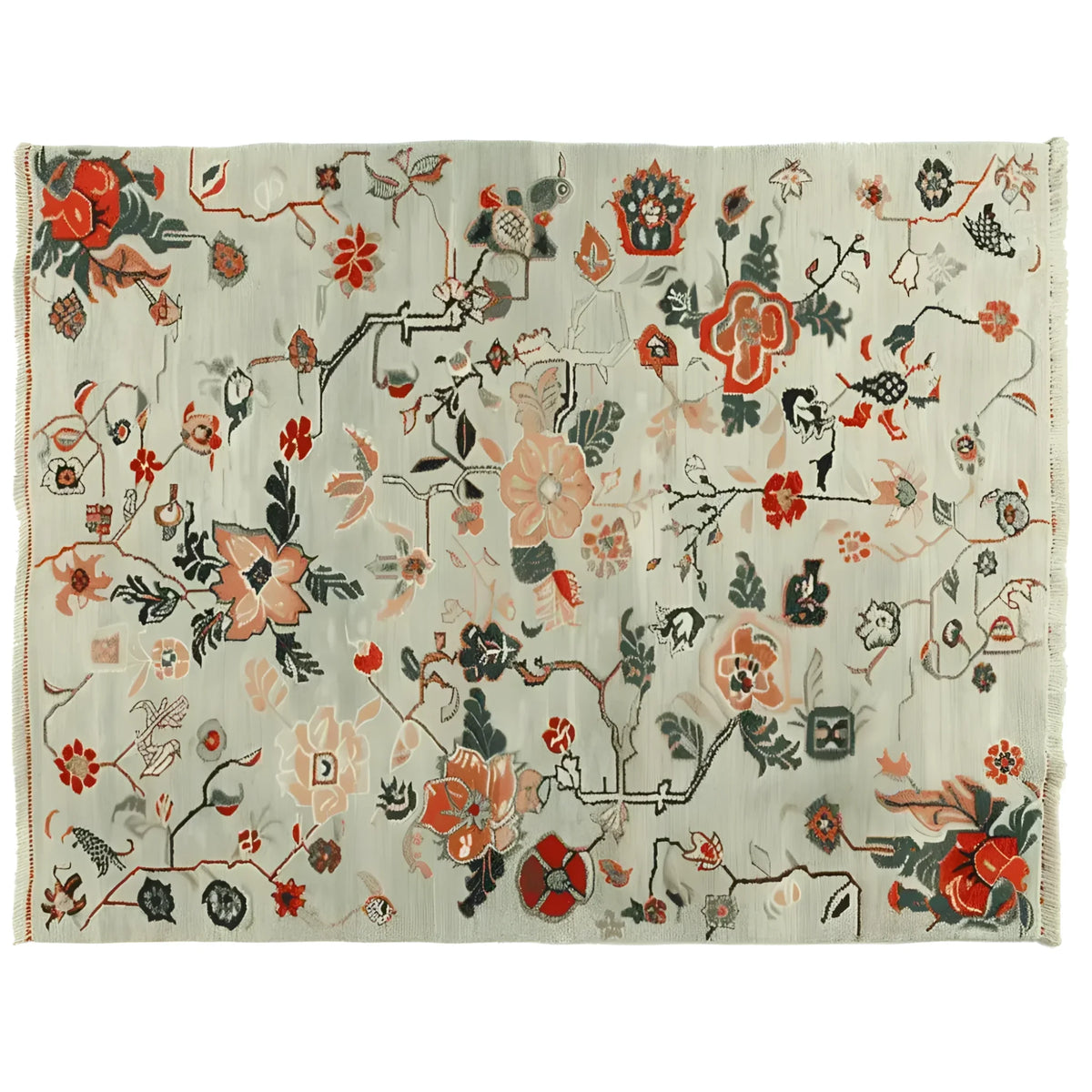 This beautiful hand-knotted area rug features meandering floral vines in vibrant shades of red, orange, and green, set against a soft, neutral background. Perfect for adding a touch of elegance to your living room, this 8x10 wool rug combines timeless floral patterns with contemporary style, making it an ideal choice for area rugs for living room spaces.
