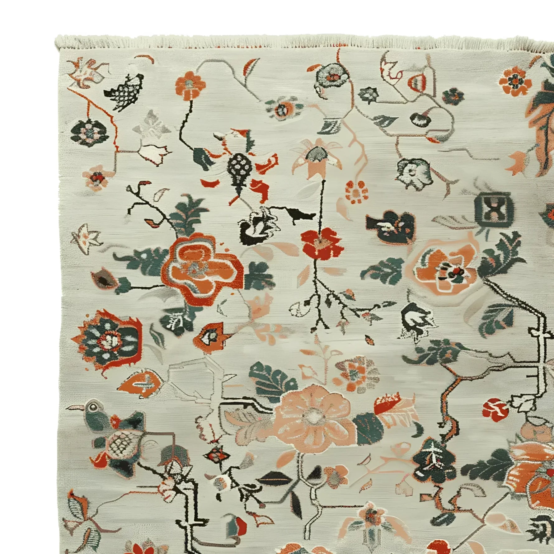 A detailed view of the Meandering Floral Vines Hand Knotted Area Rug, showcasing intricate floral patterns in vibrant colors. Perfect as a wool rug for living rooms, this 8x10 floral rug adds elegance and warmth to any space.