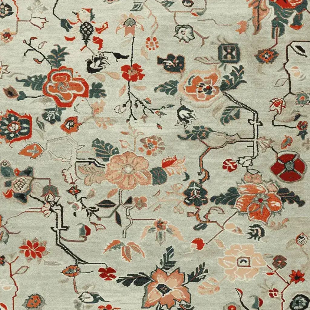 This area rug features a beautiful hand-knotted design of meandering floral vines in vibrant colors. Perfect for adding elegance to living rooms, the wool rug showcases intricate details and a harmonious blend of patterns, ideal for living room rugs 8x10 and area rugs for living room.