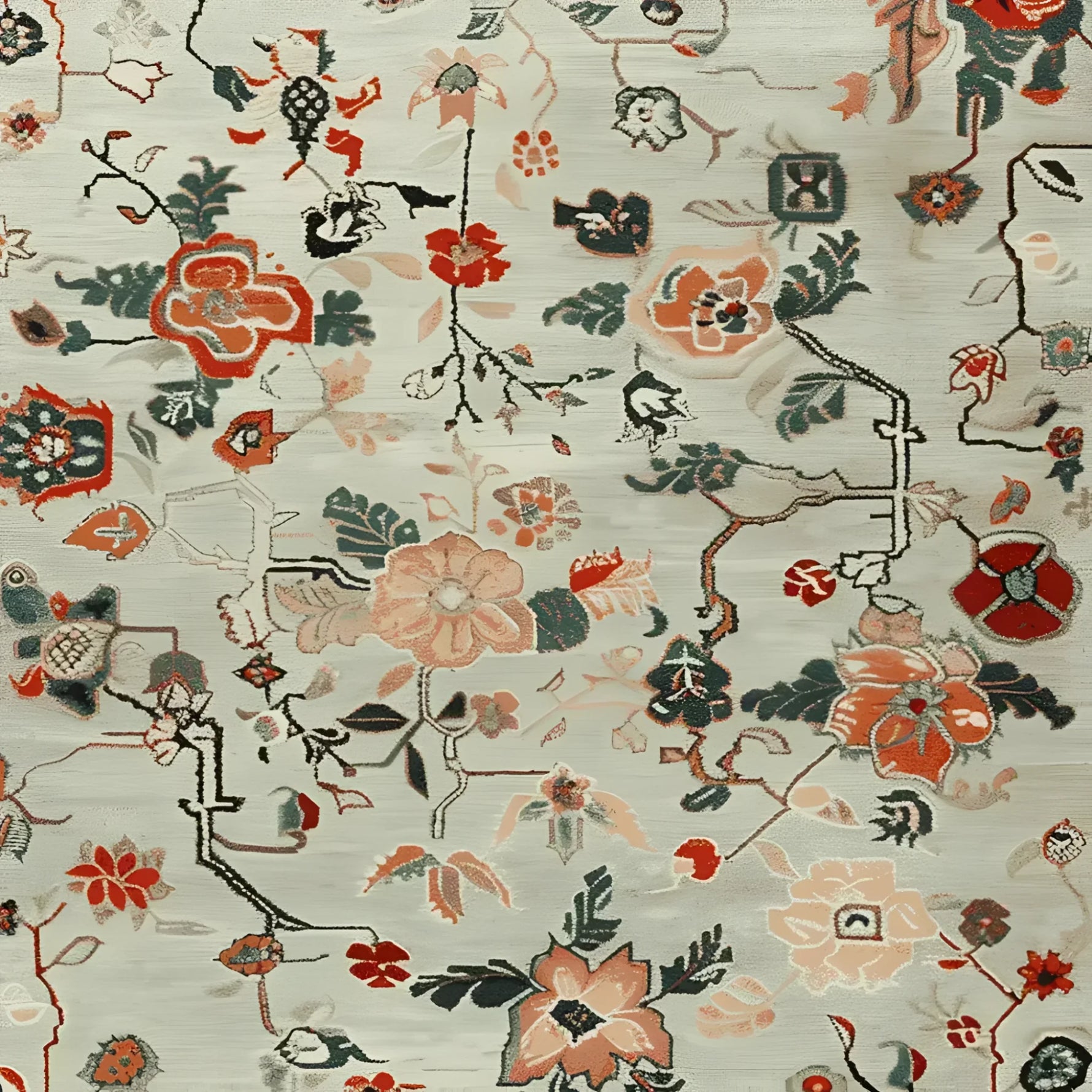 This area rug features a beautiful hand-knotted design of meandering floral vines in vibrant colors. Perfect for adding elegance to living rooms, the wool rug showcases intricate details and a harmonious blend of patterns, ideal for living room rugs 8x10 and area rugs for living room.