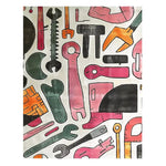 Top view of the Mechanical Melody Hand Tufted Area Rug, showcasing an abstract design with vibrant colors and tool-like patterns. Perfect for adding a creative touch to living room area rugs, this wool rug measures 8x10, ideal for modern living room decor.