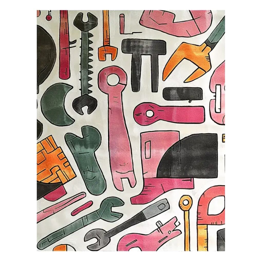 Top view of the Mechanical Melody Hand Tufted Area Rug, showcasing an abstract design with vibrant colors and tool-like patterns. Perfect for adding a creative touch to living room area rugs, this wool rug measures 8x10, ideal for modern living room decor.