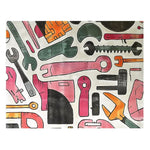 A vibrant area rug featuring an abstract design of colorful tools in pink, orange, green, and black against a white background. Perfect for adding a playful touch to living room area rugs, this wool rug measures 8x10 and brings a unique artistic flair to any space.