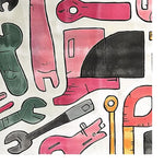 A vibrant Mechanical Melody Hand Tufted Area Rug featuring abstract tool motifs in shades of pink, green, and black. This wool rug is perfect for adding a touch of creativity to living room area rugs. Ideal for living room rugs 8x10, it showcases a unique design that stands out in any decor.