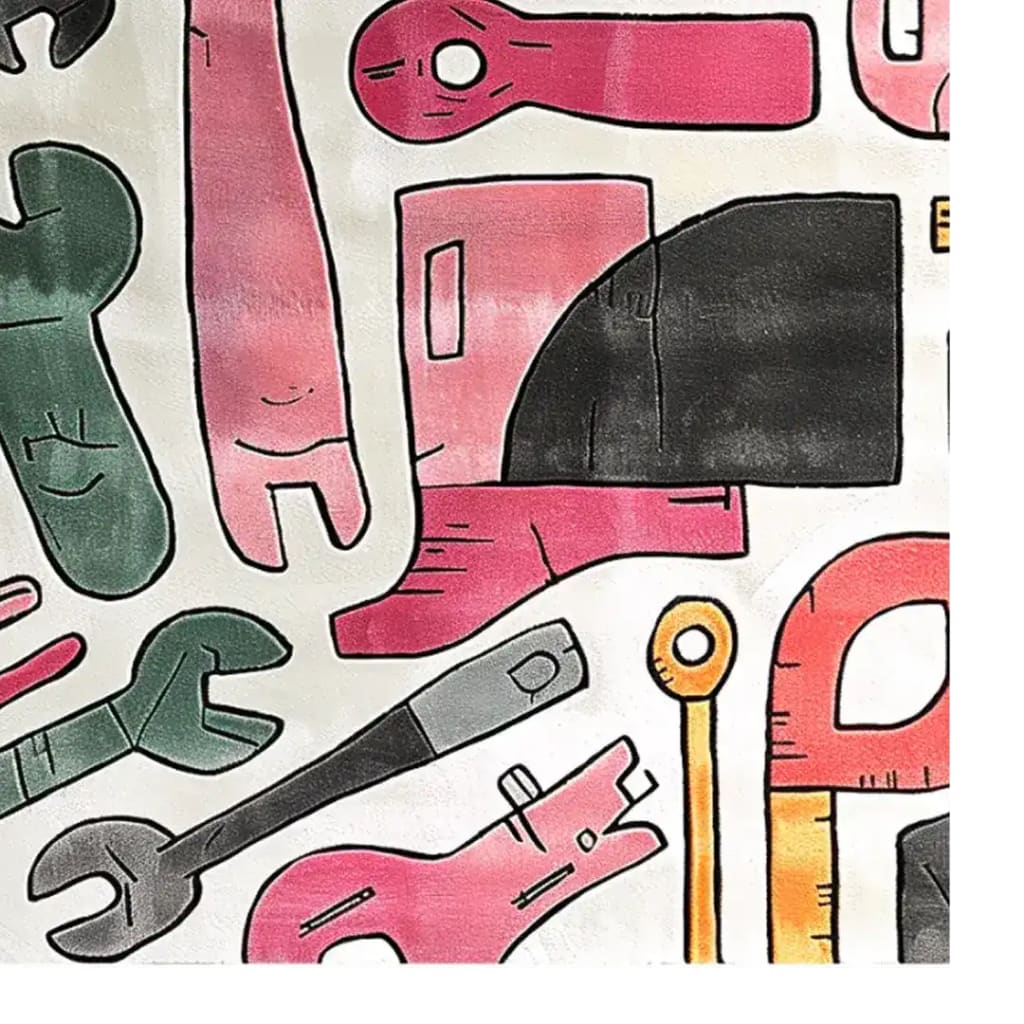 A vibrant Mechanical Melody Hand Tufted Area Rug featuring abstract tool motifs in shades of pink, green, and black. This wool rug is perfect for adding a touch of creativity to living room area rugs. Ideal for living room rugs 8x10, it showcases a unique design that stands out in any decor.