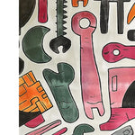 Top view of the Mechanical Melody Hand Tufted Rug showcasing an abstract design with vibrant colors and tool motifs. Perfect for adding a modern touch to living room area rugs. This wool rug is ideal for those looking for unique living room rugs in size 8x10.