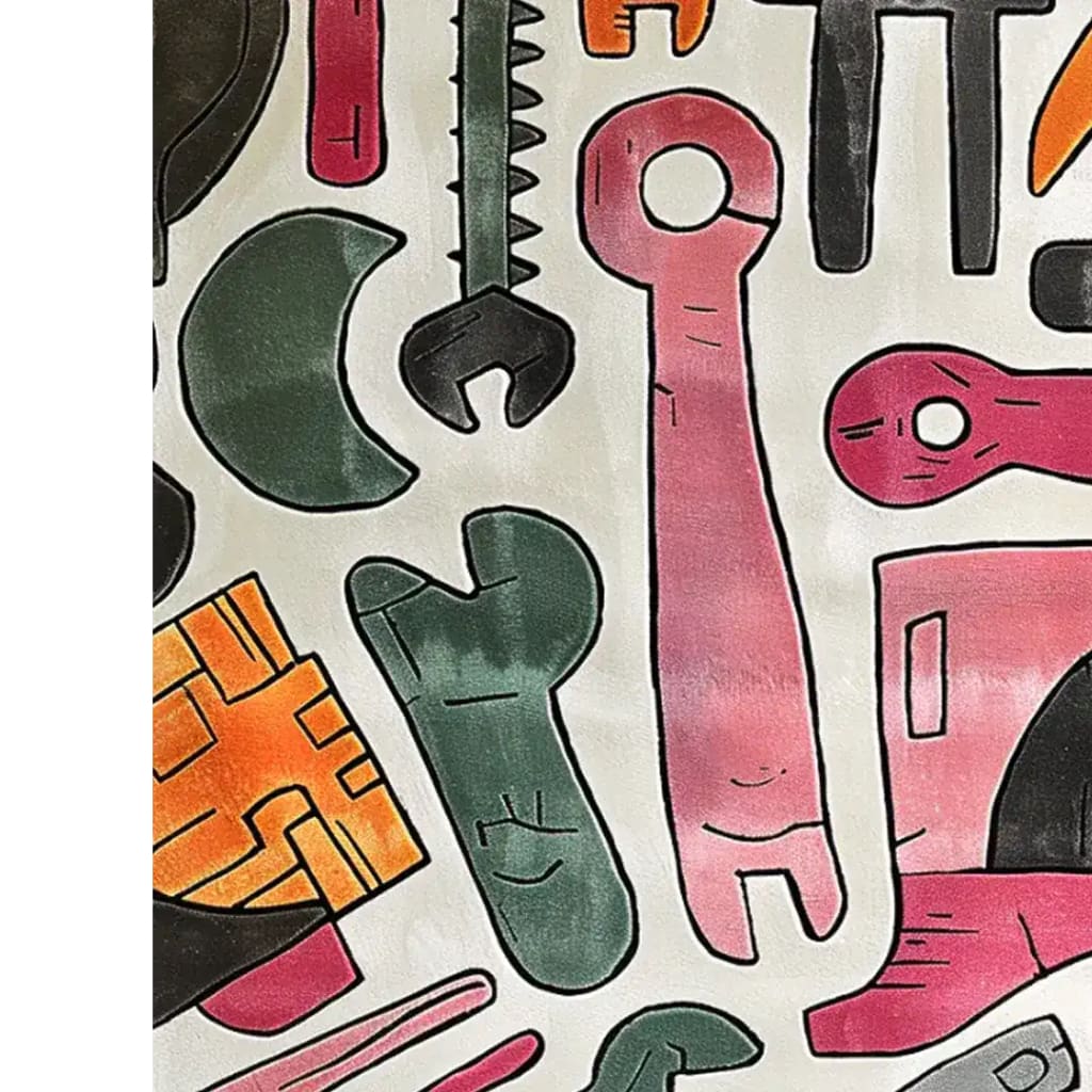 Top view of the Mechanical Melody Hand Tufted Rug showcasing an abstract design with vibrant colors and tool motifs. Perfect for adding a modern touch to living room area rugs. This wool rug is ideal for those looking for unique living room rugs in size 8x10.