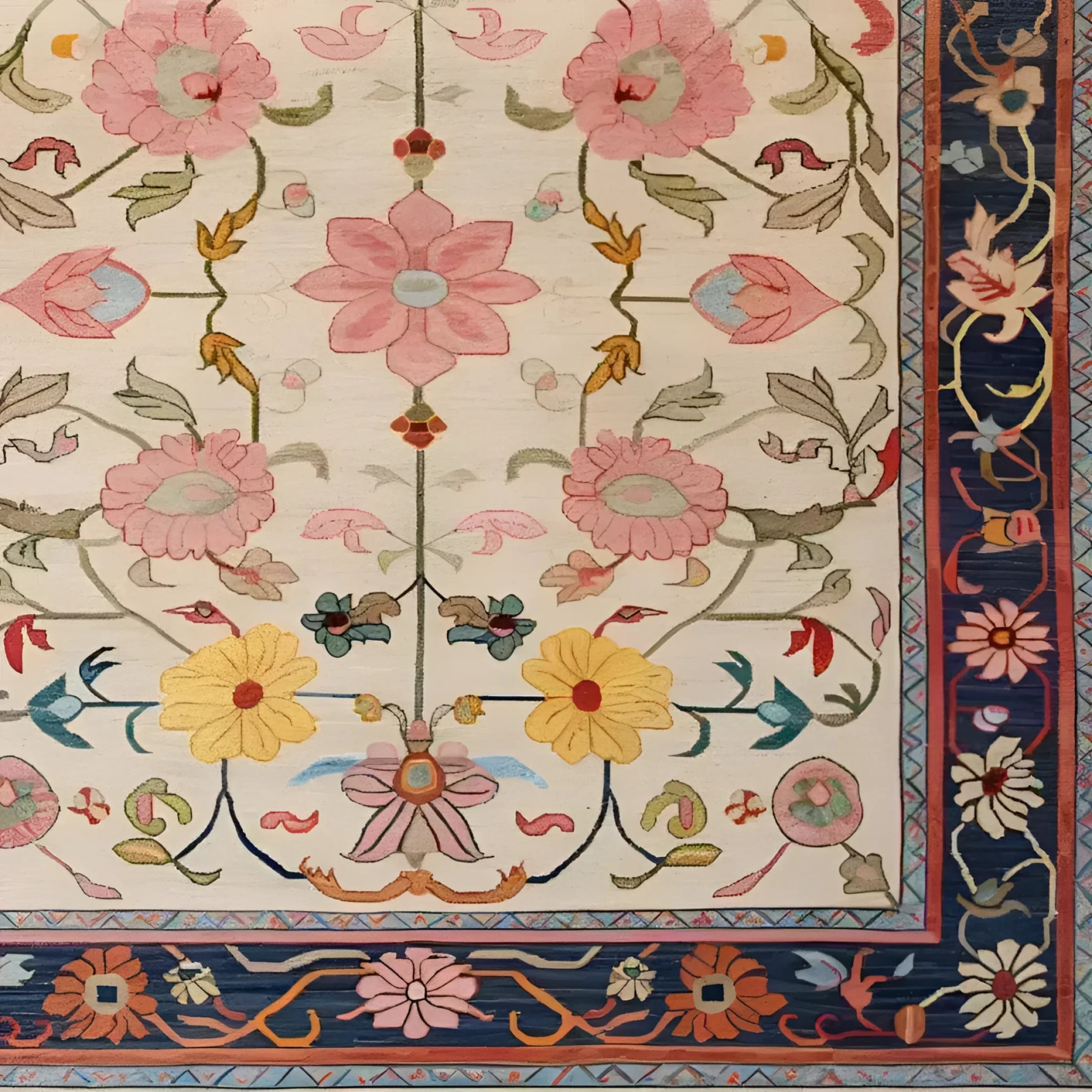 A beautifully crafted Medallion Bloom Hand Knotted Area Rug featuring a vibrant floral design. The rug displays intricate pink, yellow, and blue flowers with green foliage on a cream background, bordered by a richly detailed navy edge. This vintage rug brings a touch of elegance to large living room spaces, resembling traditional Persian rugs.