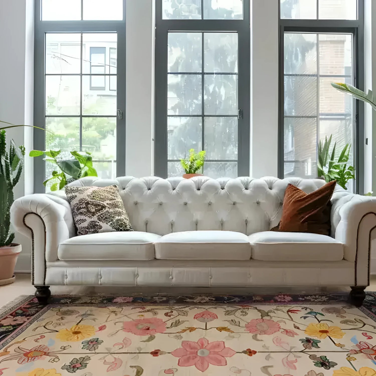 A beautifully styled living room features a Medallion Bloom Hand Knotted Area Rug with floral patterns, complementing a white tufted sofa. Perfect for large living room spaces, this vintage Persian rug adds elegance and charm.