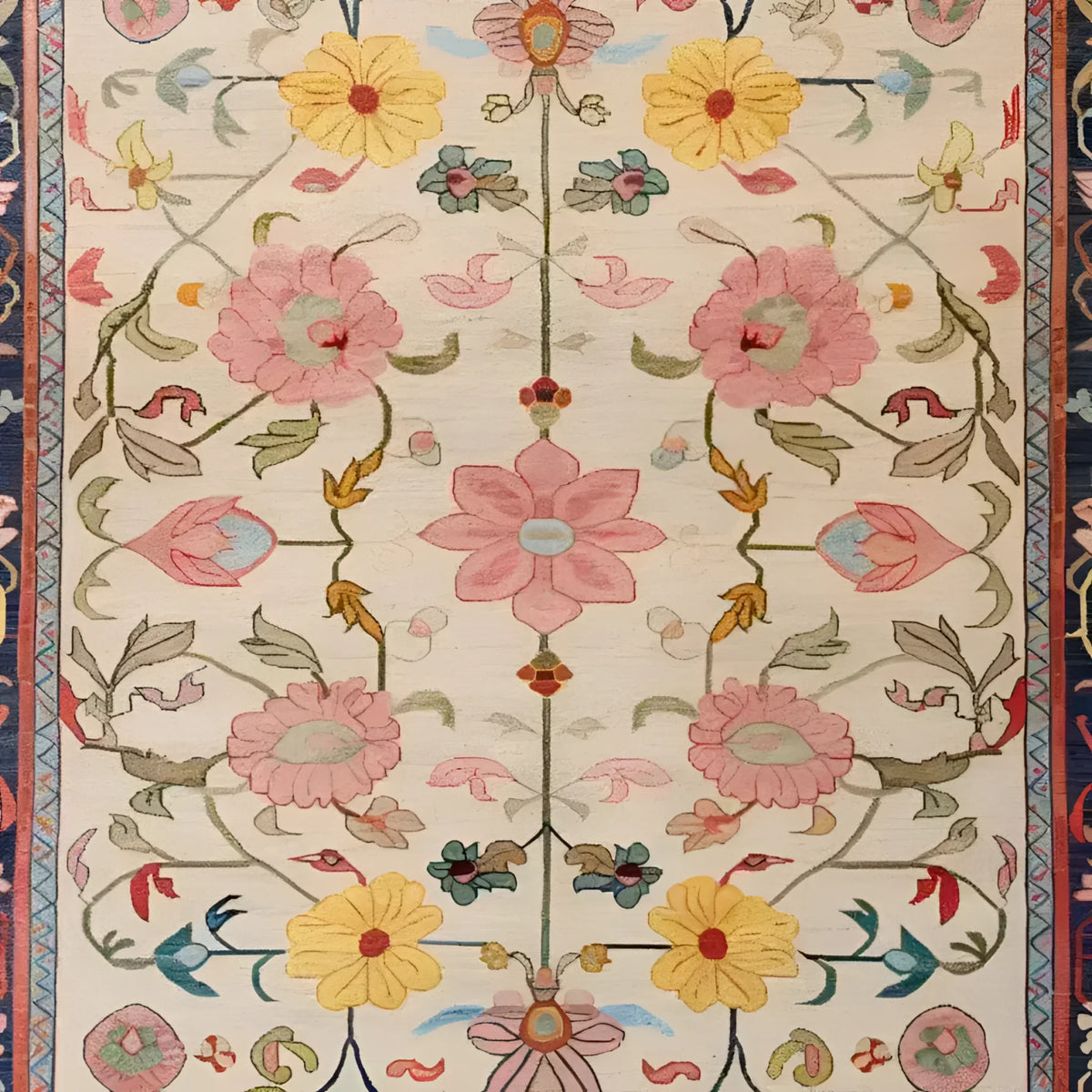 A beautifully detailed Medallion Bloom Hand Knotted Area Rug featuring vibrant floral patterns with pink, yellow, and blue flowers. This vintage rug is perfect for adding a touch of elegance to large living rooms. The intricate Persian design makes it an ideal choice for those seeking a floral rug or rugs for living room spaces.