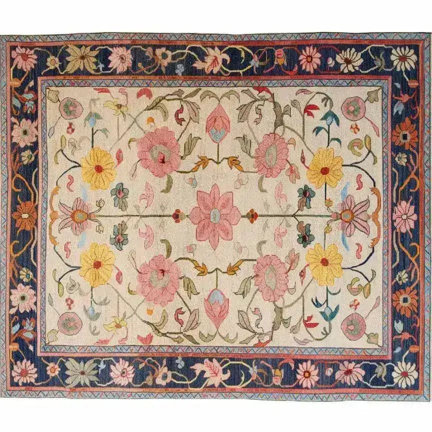 The Medallion Bloom Hand Knotted Area Rug features an intricate floral design with vibrant pink, yellow, and green patterns on a cream background. Perfect for large living rooms, this vintage Persian-style rug adds elegance and charm. Ideal as a centerpiece in any space, it embodies the essence of classic rugs for living rooms.