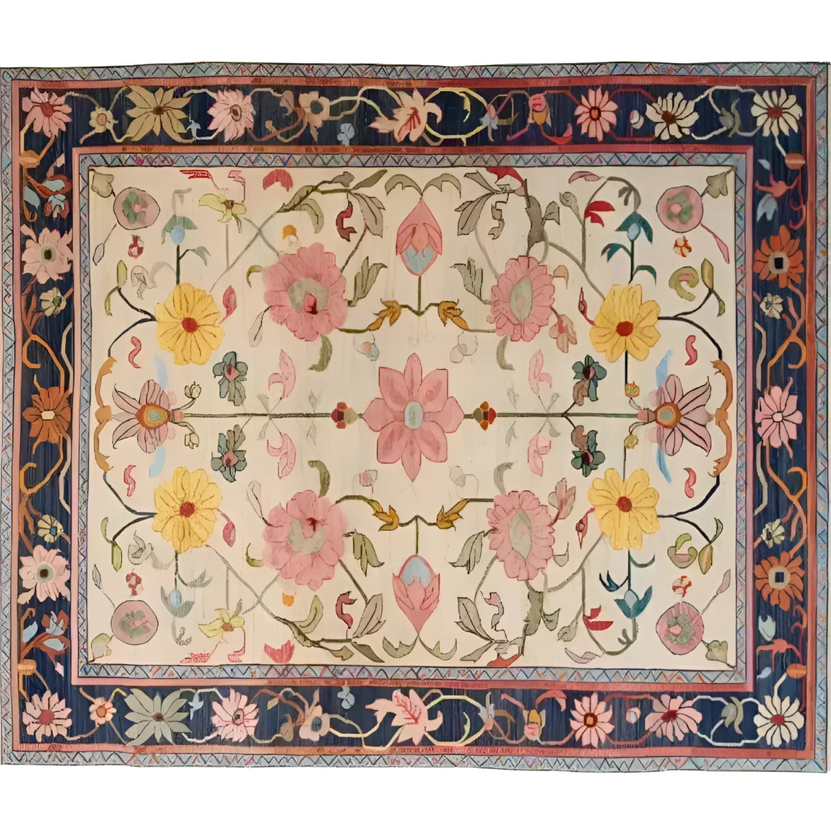 The Medallion Bloom Hand Knotted Area Rug features an intricate floral design with vibrant pink, yellow, and green patterns on a cream background. Perfect for large living rooms, this vintage Persian-style rug adds elegance and charm. Ideal as a centerpiece in any space, it embodies the essence of classic rugs for living rooms.