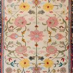 A beautifully detailed Medallion Bloom Hand Knotted Area Rug featuring vibrant floral patterns with pink, yellow, and blue flowers. This vintage rug is perfect for adding a touch of elegance to large living rooms. The intricate Persian design makes it an ideal choice for those seeking a floral rug or rugs for living room spaces.